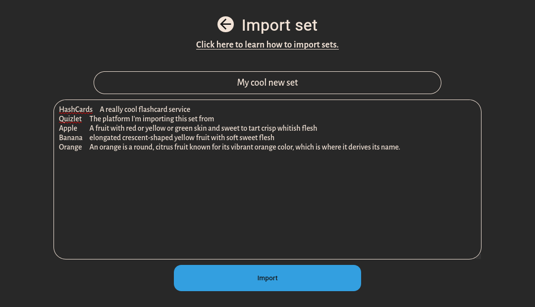 HashCards import screen